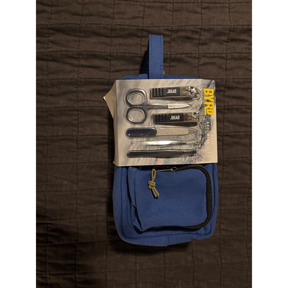 BYRD 7-Piece Grooming Set Mens Manicure‎ Kit Blue Canvas Travel Dopp Bag NEW